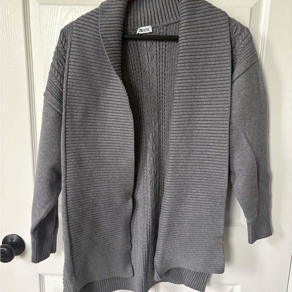 Gray Ribbed Cardigan with Shawl Collar